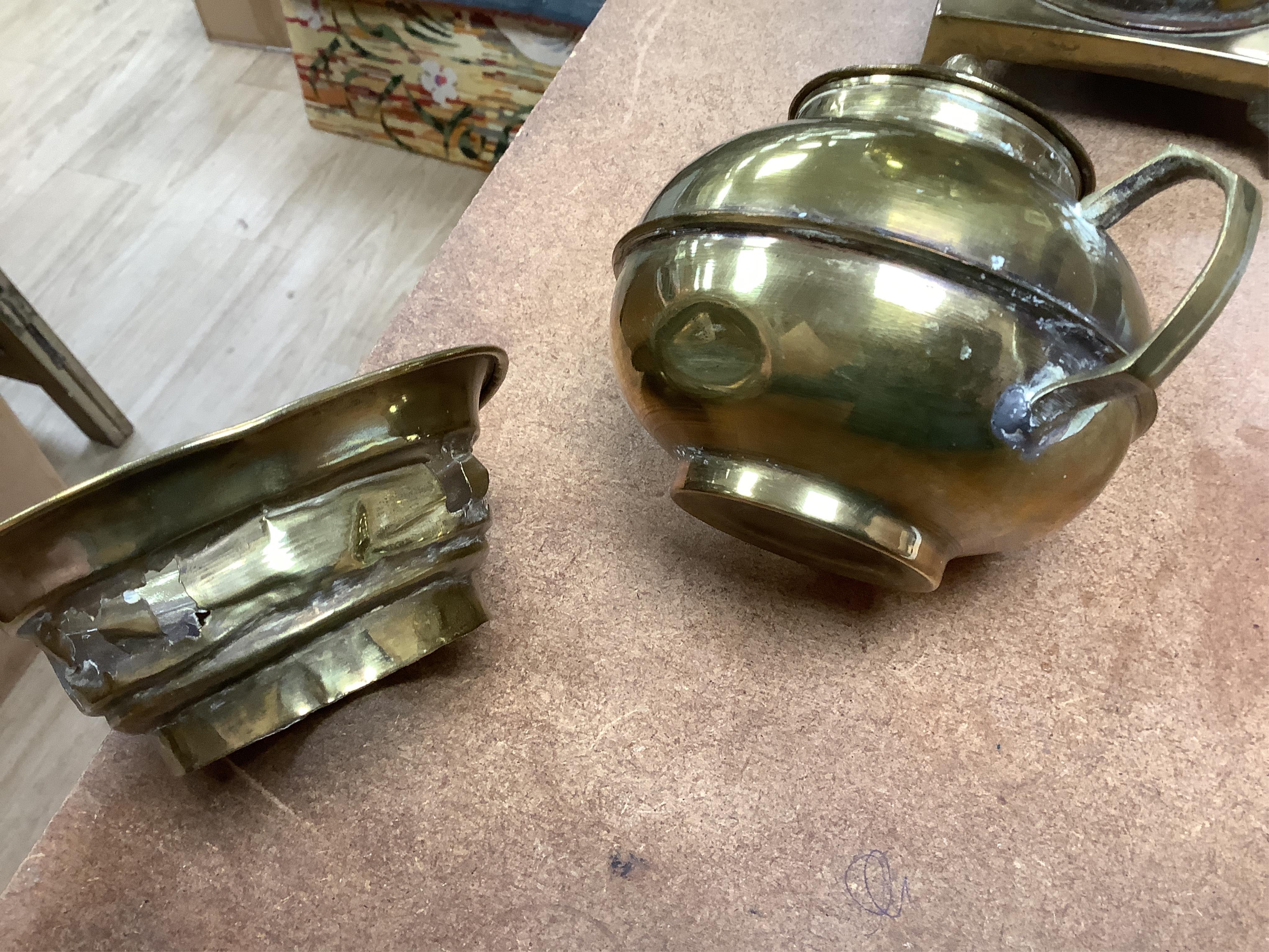 A Turkish brass samovar, a brass tray and a Middle Eastern coffee pot, largest 57cm high